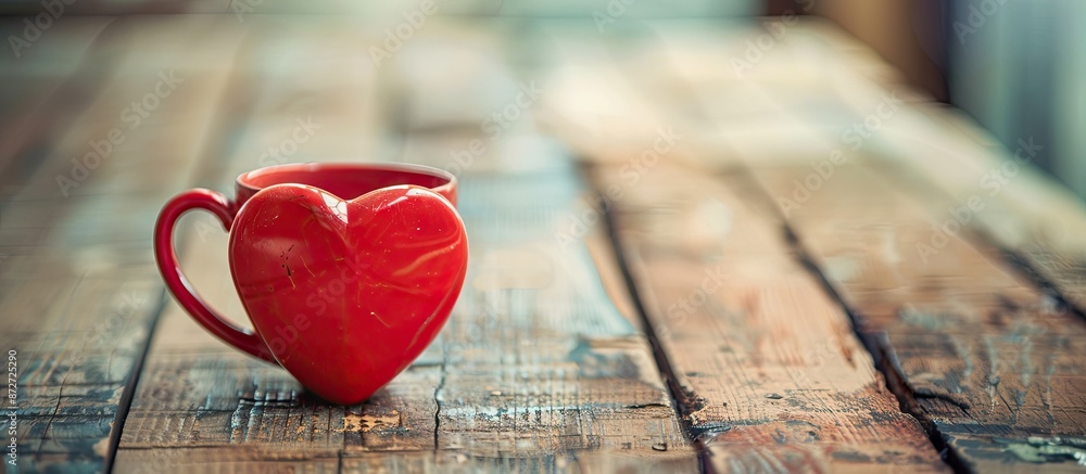 Poster selective focus point on a wooden table with a heart-shaped coffee cup, perfect for showcasing in a 