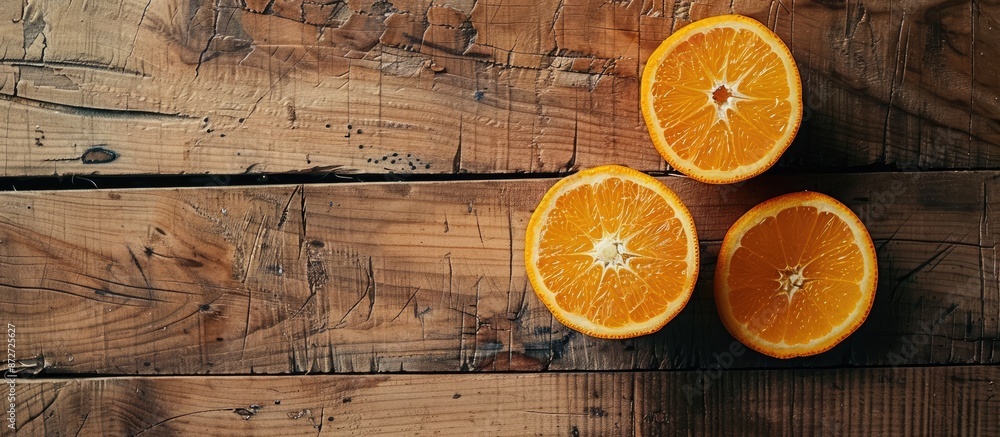 Poster split orange on a wooden surface with copy space image.