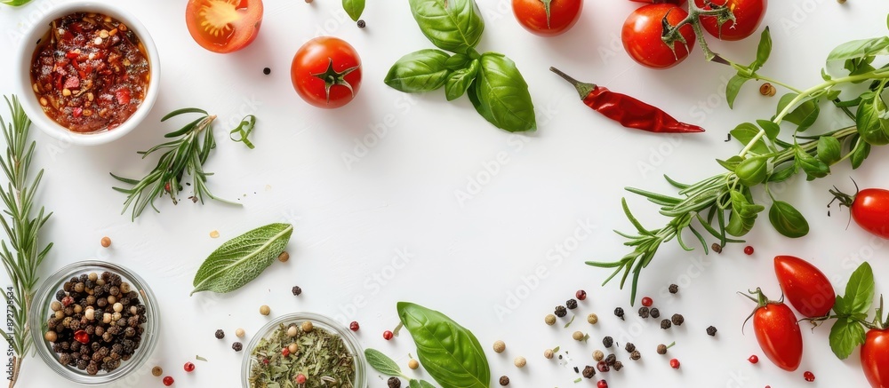 Poster Fresh ingredients for making pizza on a white background with copy space image.