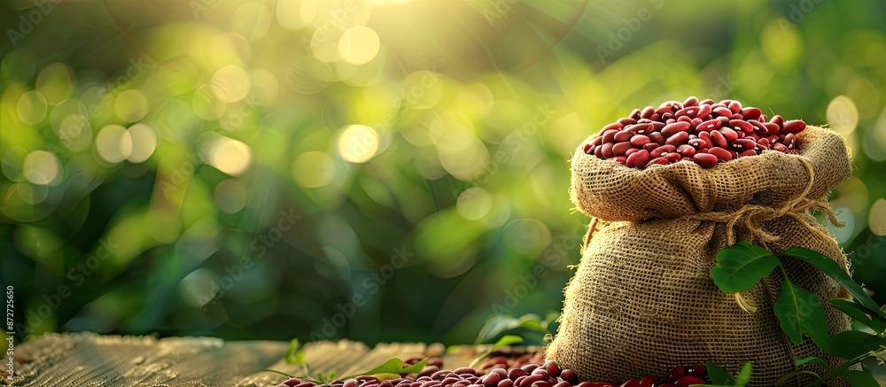 Aufkleber A burlap sack of dry kidney beans displayed on a tabletop against a backdrop of a lush green field in an image with available space for textual content. copy space available
