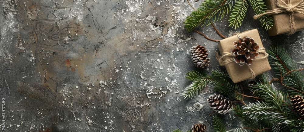 Poster festive christmas gift box displayed on a stone table adorned with tree branches, cones, and ample c