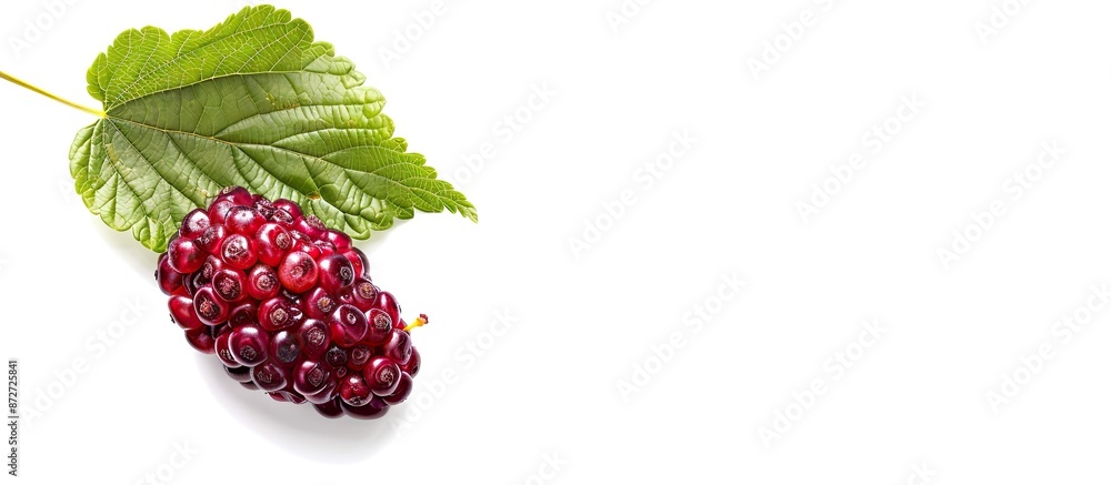 Poster a detailed image showing a mulberry fruit with a green leaf against a white background, with empty s