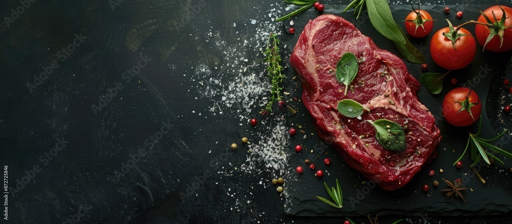 Poster preparing a savory steak with fresh beef adorned with spices and herbs for grilling, shown in a copy