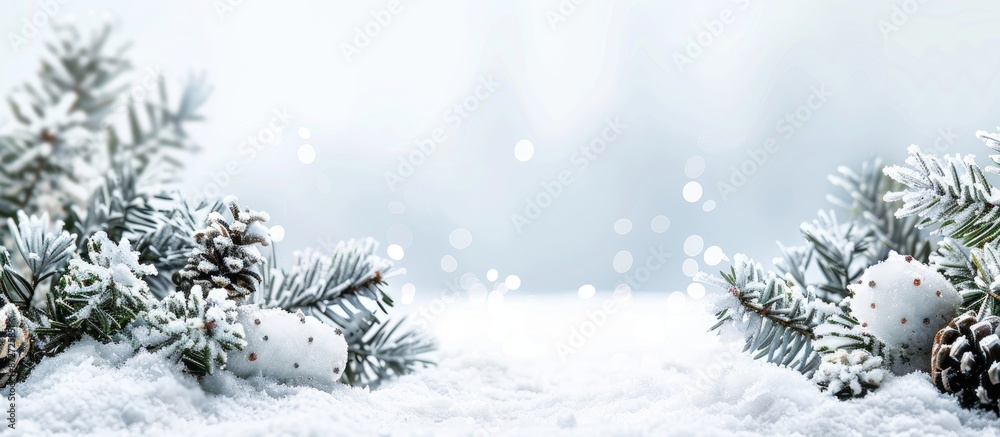 Poster snow-covered christmas background on a white backdrop with available copy space image.