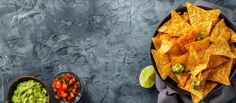 Poster Top-down view of Mexican nachos served with guacamole on a textured gray surface, suitable for adding text or images within the frame. copy space available