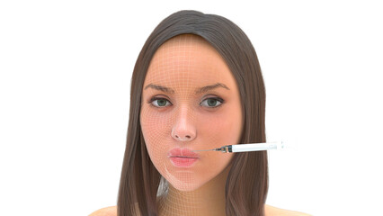 Face of young woman with long hair undergoing lip filler with a syringe of biocompatible and absorbable hyaluronic acid to plump her lips, close-up, 3D rendering, 3D illustration, Alpha Channel