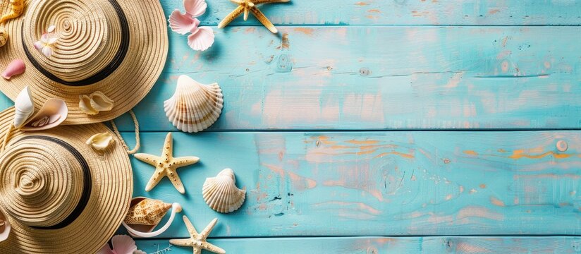Summer beach accessories and swimsuit arranged in a flat lay style on a vintage blue wooden background for a web banner with copy space image.