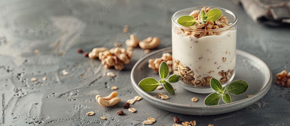 Poster granola and nuts accompany yogurt in a glass on a gray plate set against a stone table background, e