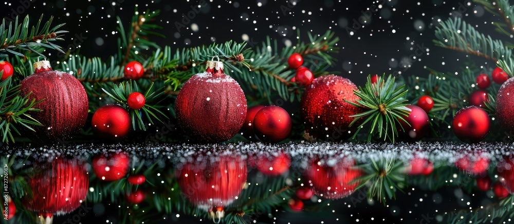 Aufkleber Copy space image of festive red Christmas tree ornaments and green fir branches with red balls, set against a black background with snow and reflection.