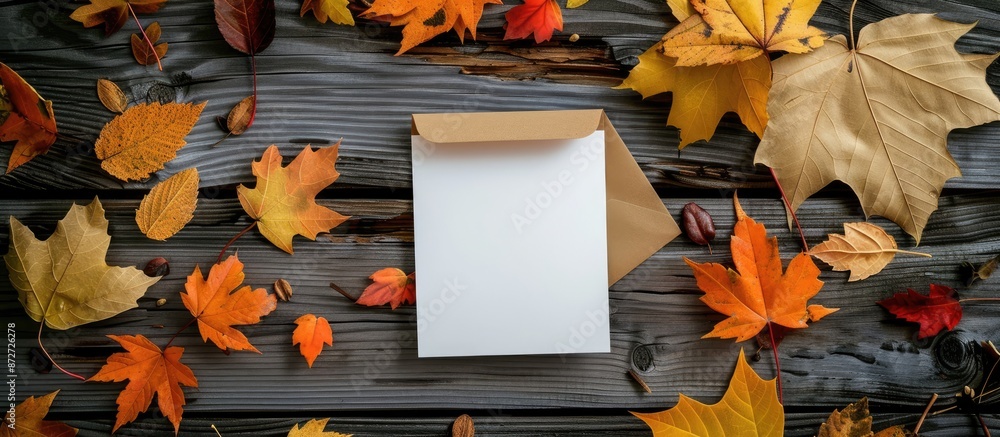 Poster top view of a greeting card mockup set against a wooden background adorned with autumn leaves, offer