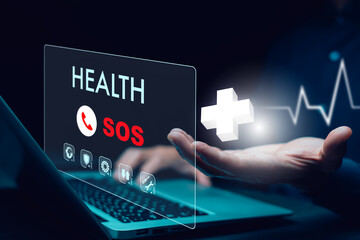 Hand touch button Emergency app in home, call phone, Chat message icon, Emergency application from...