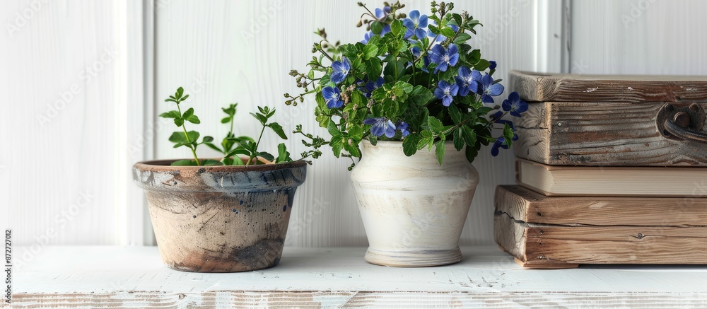 Poster items like a book, a wooden box, and a flower pot are neatly arranged on a white table in a room or 