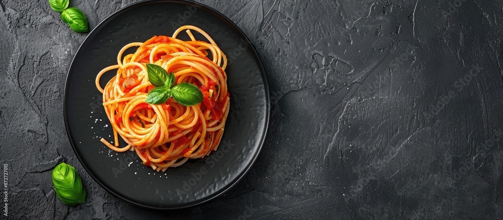 Poster Appetizing plate of spaghetti on a black stone surface with room for text in the image. copy space available