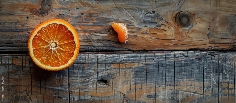 Poster split orange on a wooden surface with copy space image.