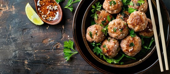 Frozen Shiso and chicken meatball in Asian cuisine setting with a displayed copy space image.