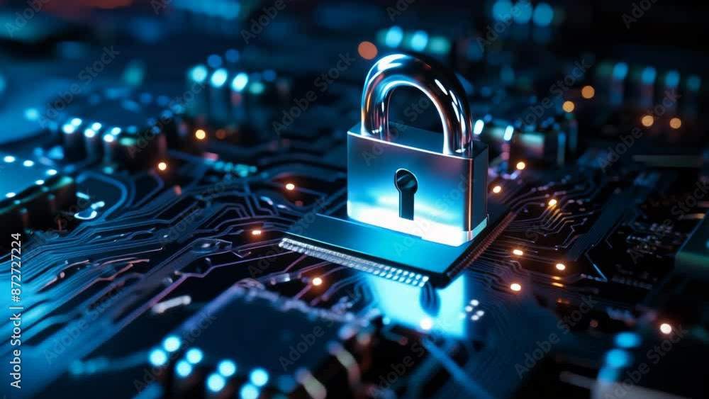 Poster shining padlock on circuit board representing cybersecurity and data protection on digital network i