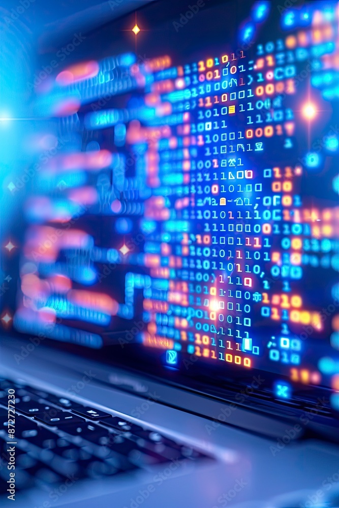 Wall mural a laptop with glowing code on the screen on dark bokeh light background