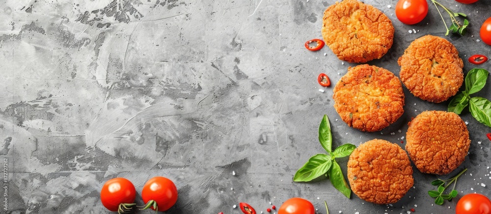 Aufkleber Top view of fried meat cutlets arranged on a gray concrete surface with copy space for an image.