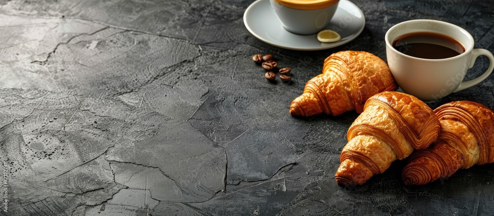Poster croissants and coffee displayed elegantly on a textured stone table with ample copy space image.