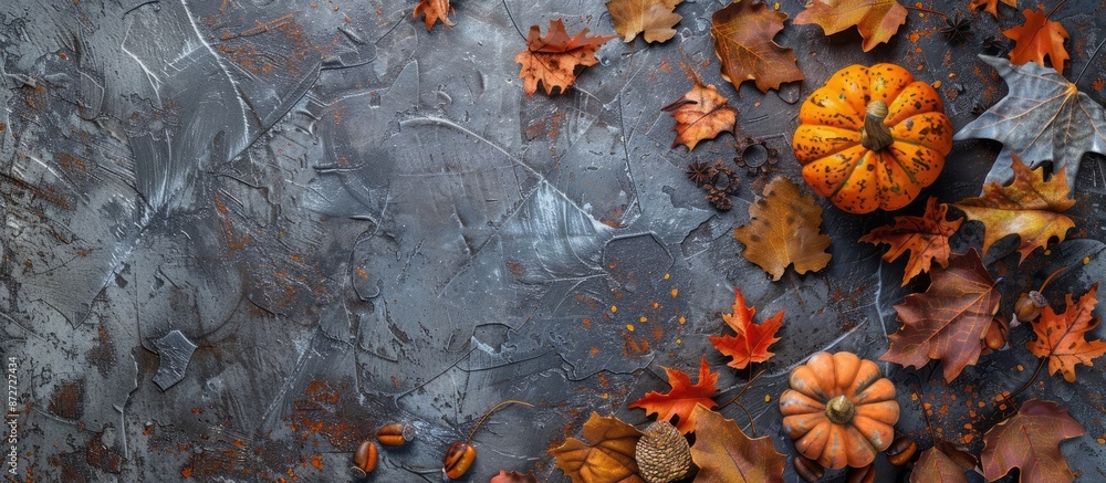 Aufkleber autumn theme decor featuring pumpkin and autumn leaves on a stone backdrop. top view with ample copy
