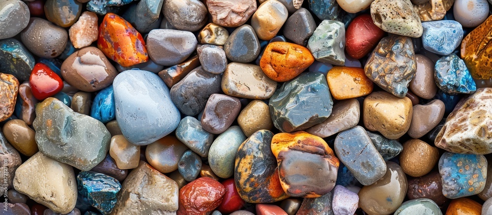 Poster colorful pebbles combined with a gravel texture in the copy space image.