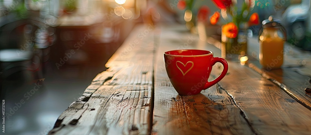 Poster selective focus point on a wooden table with a heart-shaped coffee cup, perfect for showcasing in a 