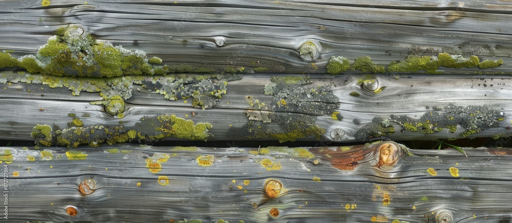 Aufkleber old weathered horizontal logs with knots and moss create a beautiful wooden background in a side vie