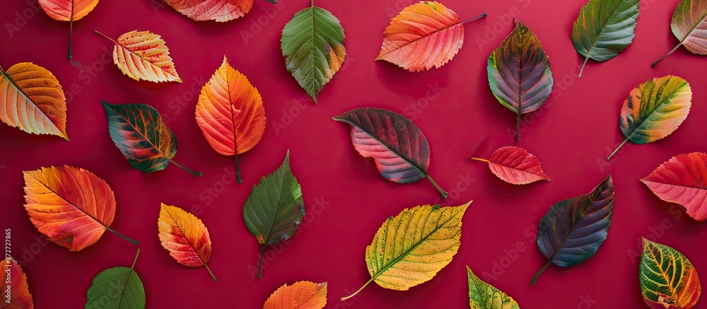 Fototapete Top view flat lay of colorful autumn leaves on a red background, creating an autumn-themed pattern with copy space image available.