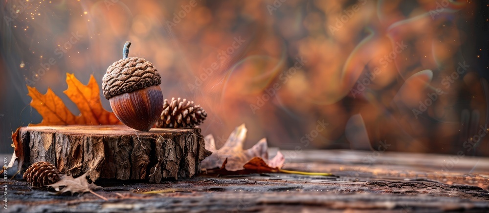 Aufkleber Autumn-themed acorn decor displayed on a rustic wooden log with copy space image.