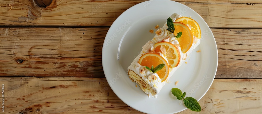 Aufkleber serving of yuzu orange roll cake on a white plate against a wooden table background featuring ample 