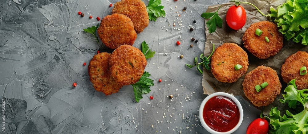 Aufkleber Top view of fried meat cutlets arranged on a gray concrete surface with copy space for an image.