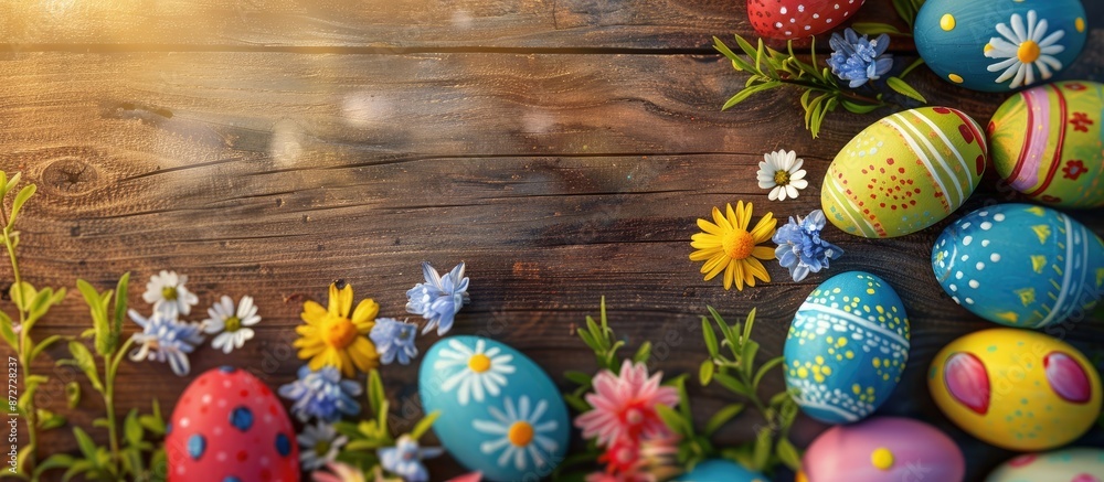 Aufkleber Easter-themed decorations like painted eggs and flowers on a wooden surface create a charming greeting card with a blank area for additional content, termed as copy space image.