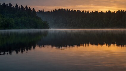 Fototapeta premium About the first glimmer of dawn breaking over a tranquil lake ai_generated