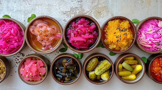 Variety of fermented foods on light mint background 
