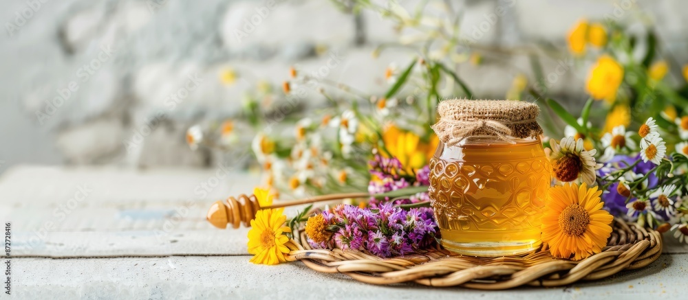 Poster honey and a variety of flowers displayed on a wicker mat with a white brick wall backdrop, perfect f