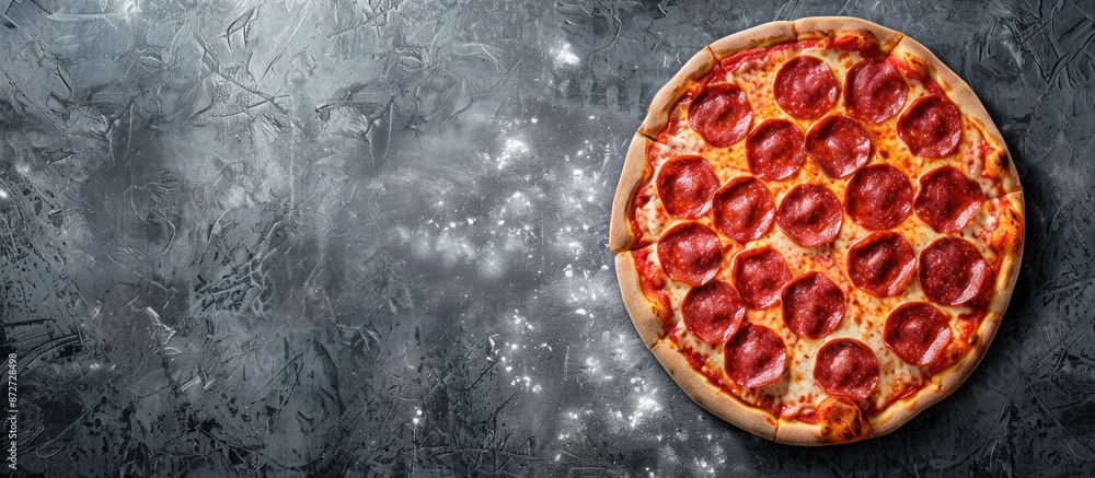 Aufkleber Pepperoni pizza placed on a concrete surface with a background perfect for adding text or graphics, known as a copy space image.