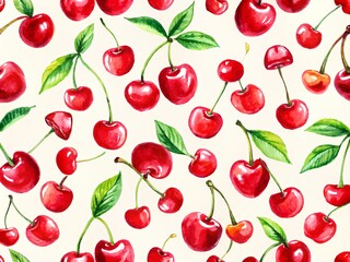 Vibrant hand-drawn red cherries and playful cursive words dance across a seamless vector pattern background, evoking a carefree summer vibe with colorful fruit typography.