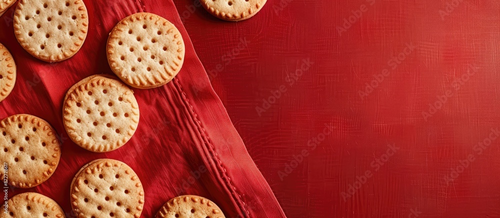 Poster Top view closeup of patterned cookies on a red tablecloth with copy space image for background or seamless template.