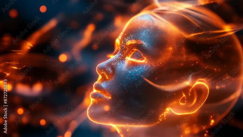Poster illuminated digital human profile with glowing particles, symbolizing artificial intelligence, netwo