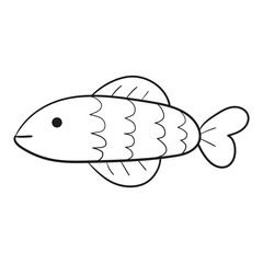 Black and white illustration of an elongated fish with scales and three rounded fins, clipart, coloring page