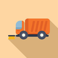 Orange street sweeper truck cleaning road with brush using modern technology