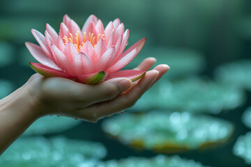 &ldquo;Serene Lotus Bloom Cradled in Human Hand&rdquo;