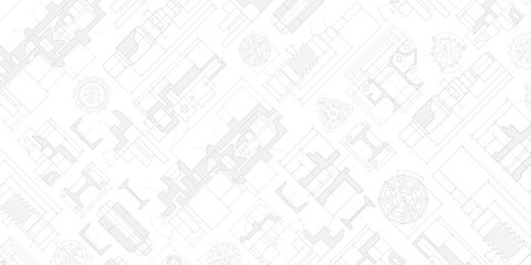 Engineering industrial background from technical drawing elements. Horizontal light backdrop for engenering, industrial, technology or automation conceptual design.