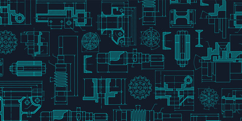 Engineering industrial background from technical drawing elements. Horizontal dark blue banner for engenering, industrial, technology or automation conceptual design.
