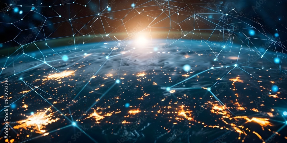 Poster illuminated nodes and connecting lines symbolizing global network connectivity. concept global conne
