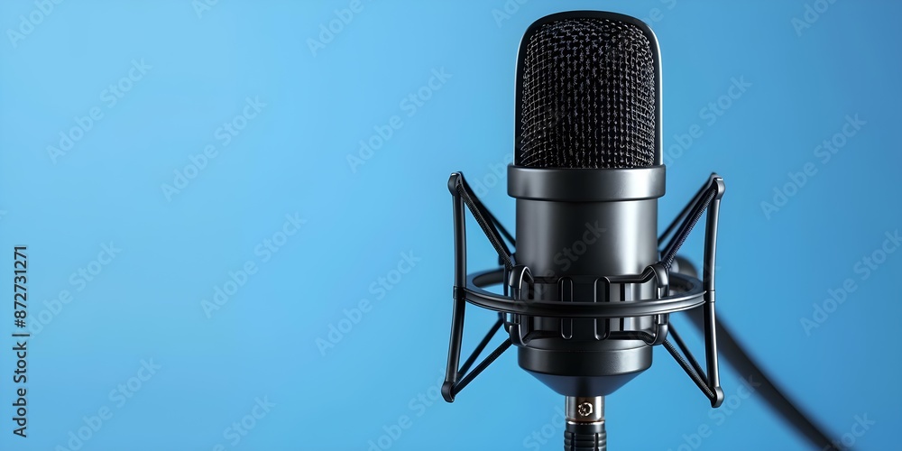 Poster blue microphone with audio waveform on blue background in a recording studio. concept recording stud
