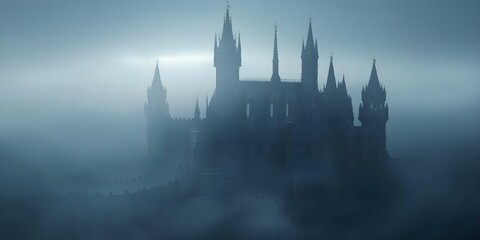 Fototapeta premium Nighttime in a Dystopian Fantasy Cityscape Medieval Gothic Castle with Towers. Concept Dystopian Fantasy, Nighttime, Cityscape, Medieval Gothic Castle, Towers