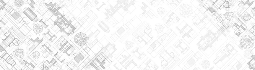 Obraz premium Engineering industrial background from technical drawing elements. Horizontal light banner for engenering, industrial, technology or automation conceptual design.