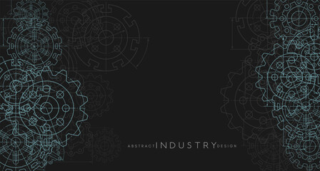 Engineering industrial background from technical drawing elements. Horizontal dark banner for engenering, industrial, technology or automation conceptual design.