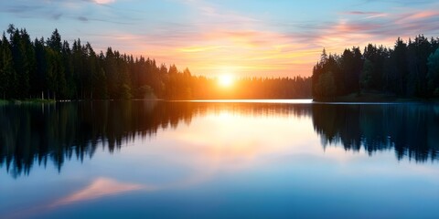 Obraz premium Reflection of Vibrant Sunset Colors on Lake with Curved Treelined Shore in Foreground. Concept Nature, Sunset, Lake, Reflection, Landscape